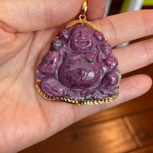 Large 14K Solid Real Gold Carving Laughing Buddha Natural Red Ruby Pendant Male